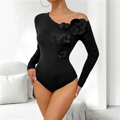 Body noir pour femme, Patchwork Floral 3D, coupe cintrée, extensible